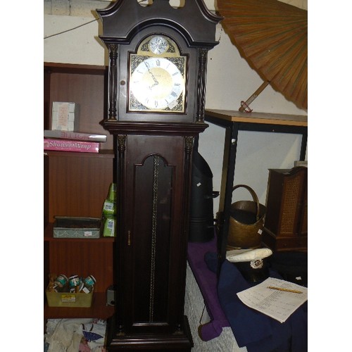 126 - GRANDFATHER CLOCK. LOWELL TEMPUS FUJIT. REPRO. DARK WOOD CASE. APPEARS GOOD CONDITION. TALL TOP PEDI... 