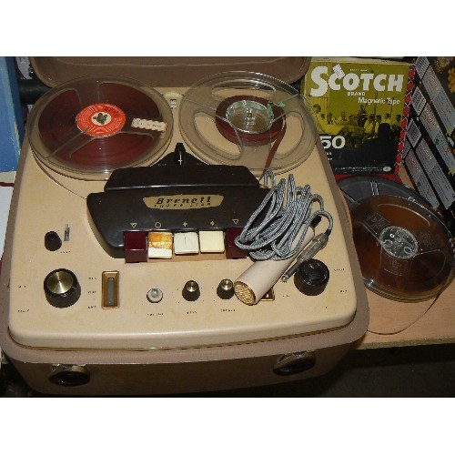 173 - LARGE VINTAGE BRENELL THREE STAR REEL-TO-REEL TAPE RECORDER WITH MICROPHONE. PORTABLE 2-TONE CHOCOLA... 