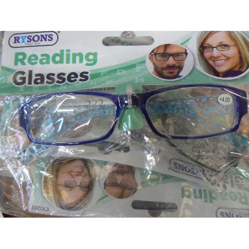 222 - 10 PAIRS OF READING GLASSES IN VARIOUS MAGNIFYING STRENGTHS. NEW/PACKAGED.