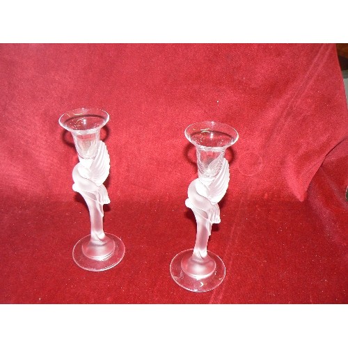 1 - A PAIR OF FABERGE CANDLESTICKS IN GLASS BOUGER MADE IN FRANCE SLIGHT NIBBLES ON TOP EDGES