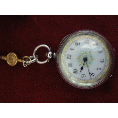 16 - A SOLID SILVER POCKET WATCH AND KEY WITH WOODEN NIGHT STAND FOR TRAVELLING,   WORKING