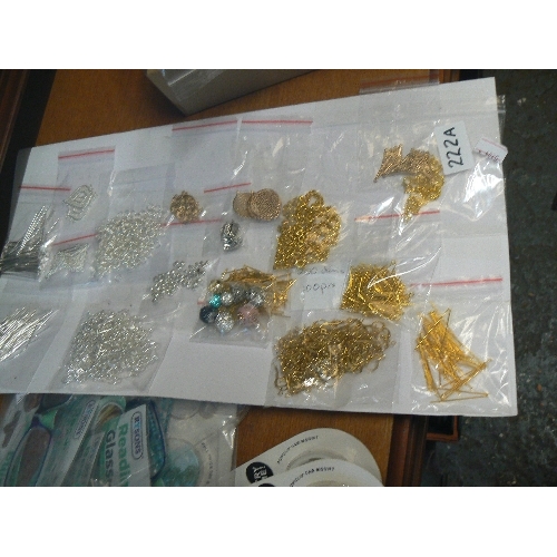 222A - CARD OF GOLD & SILVER COLOURED JEWELLERY-MAKING  FINDINGS. EARRING HOOKS, HEAD PINS, SHAMBALLA BEADS... 