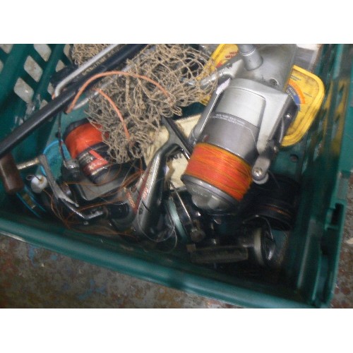 139 - CRATE OF FISHING REELS & RELATED ITEMS, INC RYOBI MASTERLINE PROJECT 7000 GTX, AVS QUICK ZRI 480 ETC... 