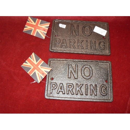 71 - 2 SMALL CAST IRON 'NO PARKING' SIGNS. NEW/WITH TAGS.