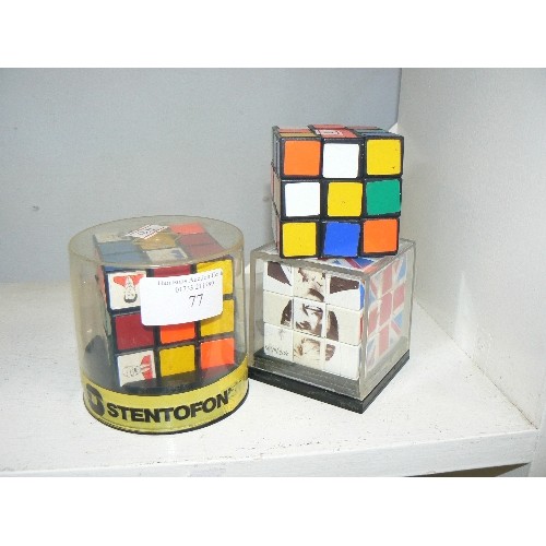 77 - 3 VINTAGE RUBIKS CUBES. INCLUDES A TRADITIONAL, A CHARLES & DIANA/ UNION JACK JULY 1981, & AN UNUSUA... 