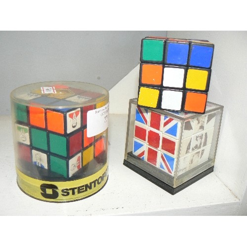 77 - 3 VINTAGE RUBIKS CUBES. INCLUDES A TRADITIONAL, A CHARLES & DIANA/ UNION JACK JULY 1981, & AN UNUSUA... 