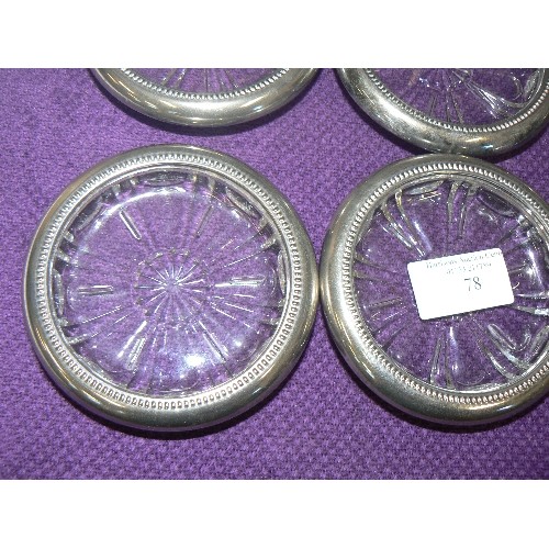 78 - SET OF 6 ITALIAN CUT-GLASS COASTERS WITH SILVER-PLATED RIMS.