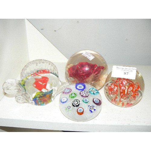 87 - 4 X GLASS PAPERWEIGHTS.