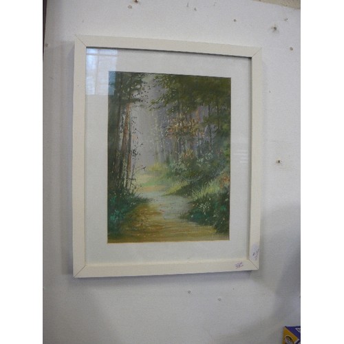 98 - LOVELY FRAMED CHALK DRAWING OF A CLEARING IN THE FOREST. SIGNED 'MJ RISE?/ROSE?