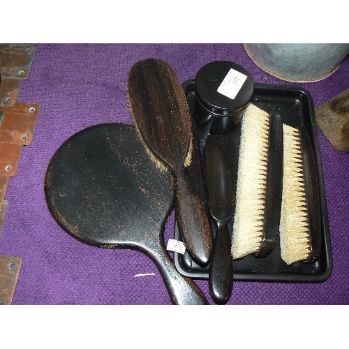 102 - VINTAGE BAKELITE DRESSING TABLE SET ON A TRAY. ALSO 'EBONY' HORSE HAIR BRUSHES.