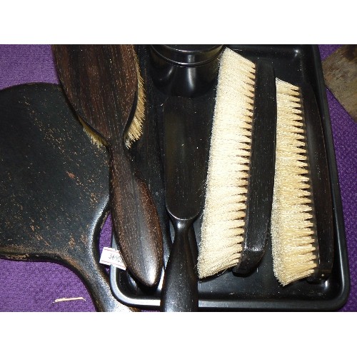 102 - VINTAGE BAKELITE DRESSING TABLE SET ON A TRAY. ALSO 'EBONY' HORSE HAIR BRUSHES.