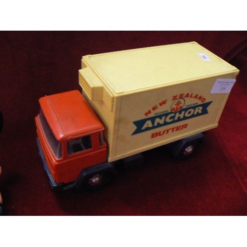 119 - VINTAGE PLASTIC ANCHOR BUTTER LORRY, ALSO A DISNEY MICKEY MOUSE PLASTIC MUG