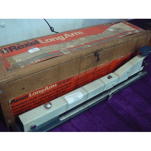 124 - REXEL LONG-ARM STAPLER. FOR SAMPLE BOOKS, CATALOGUES ETC ETC. WITH ORIGINAL BOX.