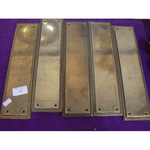 128 - 5 X LARGE BRASS DOOR FINGER PLATES WITH ROPE EFFECT EDGING.