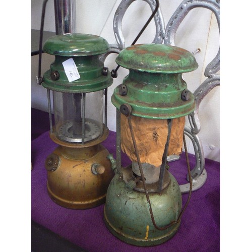 140 - 2 LARGE VINTAGE TILLEY TYPE LAMPS WITH GREEN TOPS.