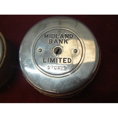 143 - 2 VINTAGE MIDLAND BANK MONEY BOXES. COMPLETE WITH CARDBOARD BOX.  UNLOCKED.