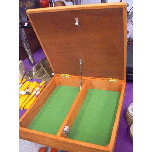 144 - CHESS BOARD -WOODEN BOX. GREEN BAIZE LINED. NO CONTENTS.