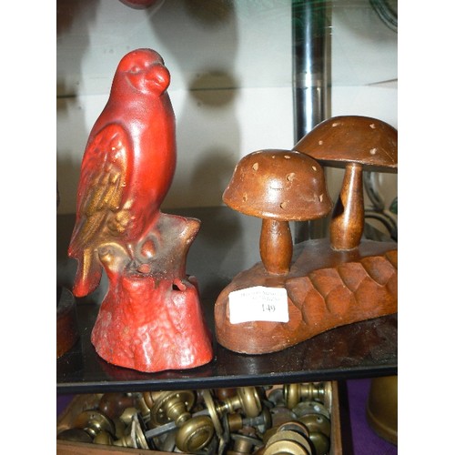 149 - TREEN. SMALL GALLEON BOOKENDS, TOADSTOOLS AND A RED BIRD.