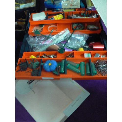 151 - FLORISTRY WORK BOX FULL OF CONTENTS, WIRES, FROGS, TAPE, PINS ETC, ALSO LARGE BOOK 'PRINCIPLES OF FL... 