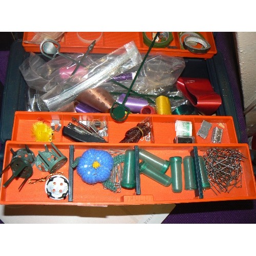 151 - FLORISTRY WORK BOX FULL OF CONTENTS, WIRES, FROGS, TAPE, PINS ETC, ALSO LARGE BOOK 'PRINCIPLES OF FL... 