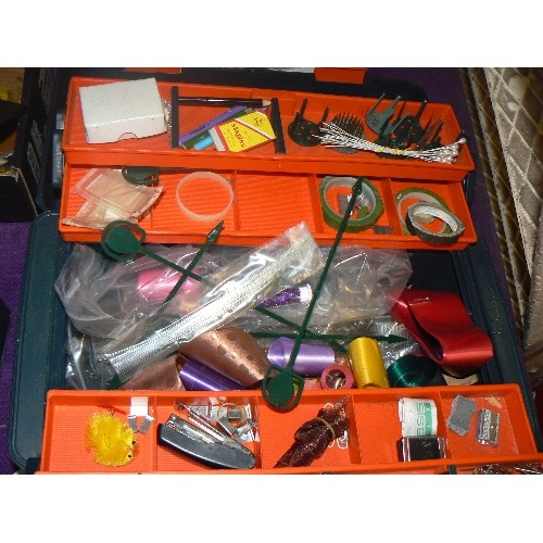 151 - FLORISTRY WORK BOX FULL OF CONTENTS, WIRES, FROGS, TAPE, PINS ETC, ALSO LARGE BOOK 'PRINCIPLES OF FL... 