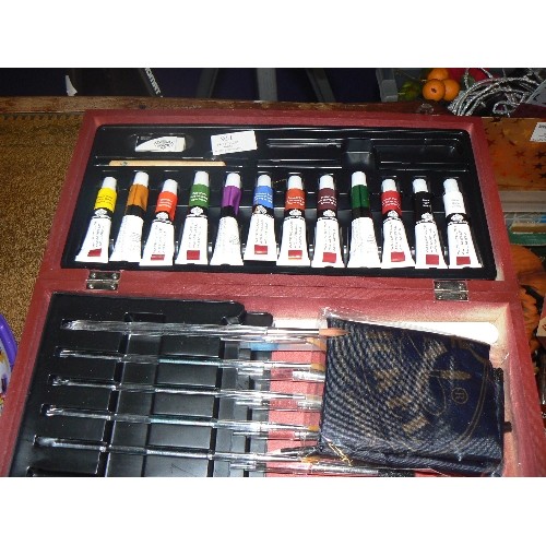 176 - ARTISTS BOX CONTAINING WATERCOLOUR PAINT TUBES AND BRUSHES ETC.