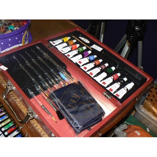 176 - ARTISTS BOX CONTAINING WATERCOLOUR PAINT TUBES AND BRUSHES ETC.