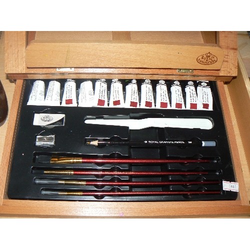 181 - ROYAL LANGNICKEL ARTISTS SET, BEECHWOOD CASE WITH BUILT-IN EASEL/STAND, CONTAINS WATERCOLOUR TUBES A... 