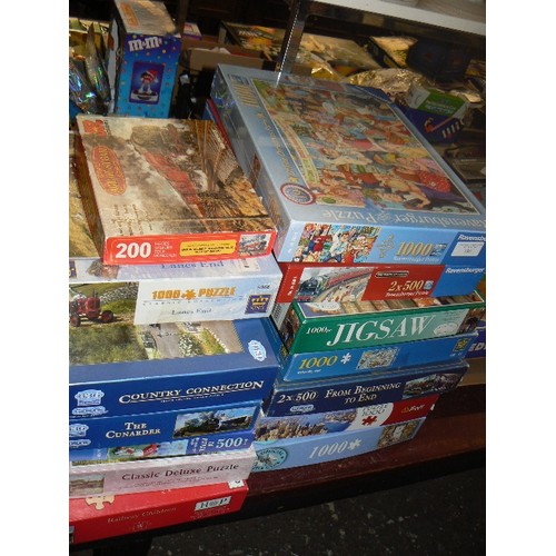 186 - STACK OF GOOD QUALITY JIGSAW PUZZLES, 1000 & 500 PC. INC NEW/PACKAGED RAVENSBURGER 'OFFICE CHRISTMAS... 