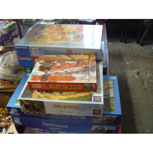 186 - STACK OF GOOD QUALITY JIGSAW PUZZLES, 1000 & 500 PC. INC NEW/PACKAGED RAVENSBURGER 'OFFICE CHRISTMAS... 