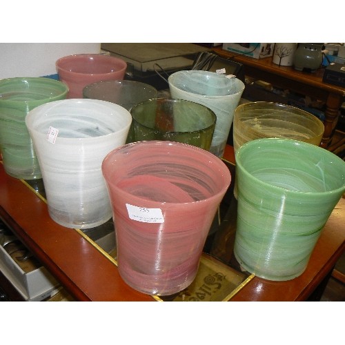 255 - COLLECTION OF 9 X SWIRL-GLASS PLANTERS/VASES IN PALE JEWEL COLOURS.