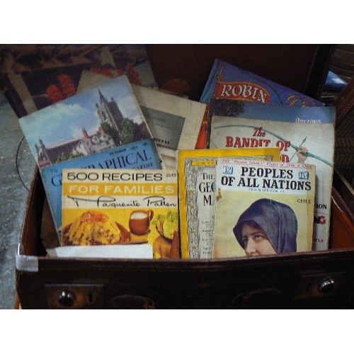 246 - INTERESTING VINTAGE 1950'S & 60'S BOOKS AND MAGAZINES, CONTAINED IN AN OLD MARSPEN SUITCASE. INC GEO... 