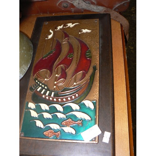 242 - WOODEN PLAQUE WITH BRASS PICTURE OF SAILING SHIP