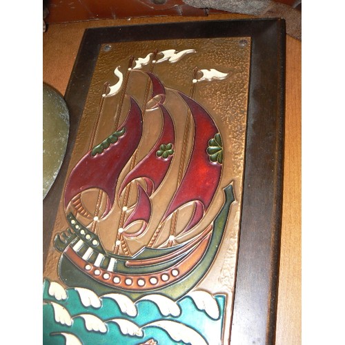 242 - WOODEN PLAQUE WITH BRASS PICTURE OF SAILING SHIP