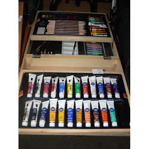 182 - REEVES CANTILEVER ARTISTS CASE. CONTAINS WATERCOLOUR TUBES, CHALK, PAINTBRUSHES, PALETTE, PENCILS, C... 