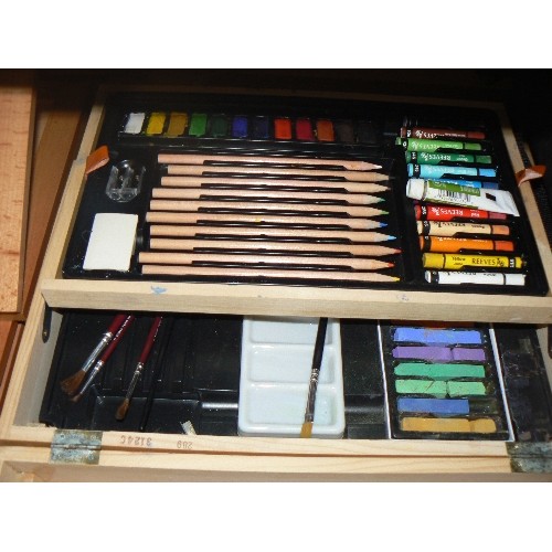 182 - REEVES CANTILEVER ARTISTS CASE. CONTAINS WATERCOLOUR TUBES, CHALK, PAINTBRUSHES, PALETTE, PENCILS, C... 