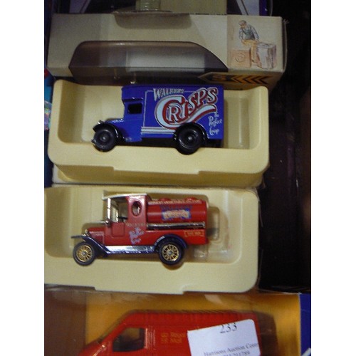 233 - 8 DIE-CAST VEHICLES, INC WALKERS CRISPS, CORGI COACHES, WALKERS CRISPS, RBL POPPIES ETC. BOXED.