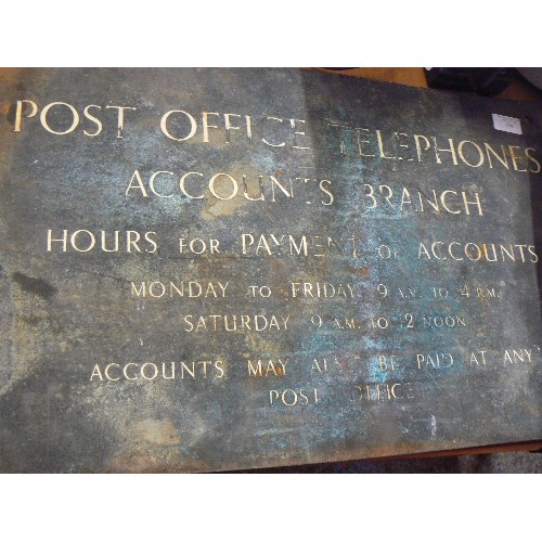 296 - VINTAGE BRASS SIGN 'POST OFFICE TELEPHONES ACCOUNTS BRANCH' WITH OPENING TIMES FOR ACCOUNT PAYMENTS.