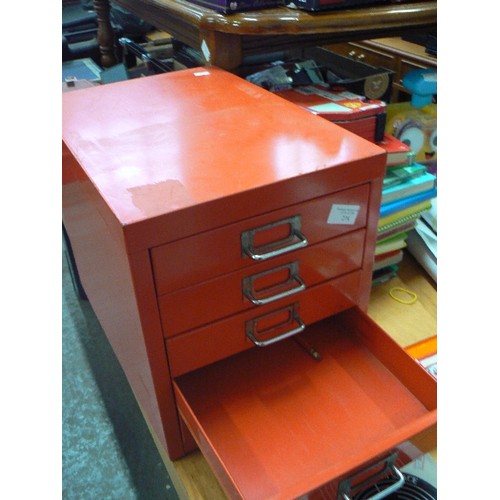 274 - SMALL TABLETOP METAL FILING CABINET. RED WITH 5 A4 SIZE DRAWERS.