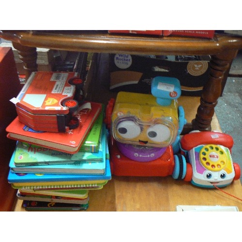 263 - FISHER-PRICE TODDLER PULL-ALONG ROBOT, TELEPHONE, STACK OF TODDLER BOOKS.