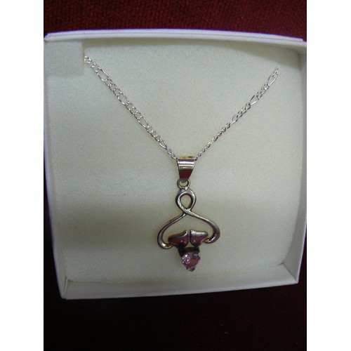 11 - PINK CZ STERLING SILVER 925 RENNIE MACKINTOSH STYLE PENDANT [3.3GM] WITH SILVER COLOURED CHAIN.