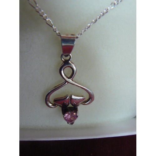 11 - PINK CZ STERLING SILVER 925 RENNIE MACKINTOSH STYLE PENDANT [3.3GM] WITH SILVER COLOURED CHAIN.