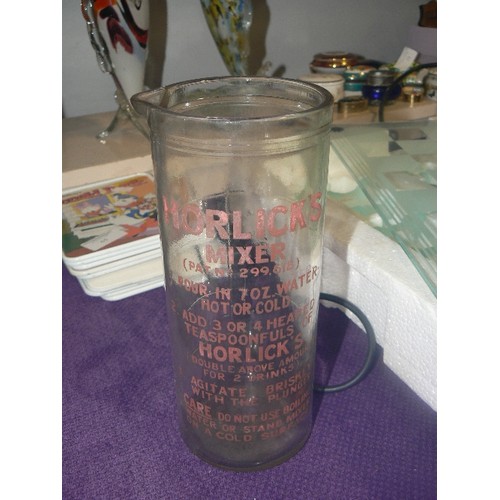 56B - VINTAGE GLASS HORLICK'S MIXER JAR, THE JAR IS PRINTED WITH MIXING INSTRUCTIONS.