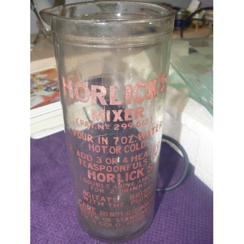 56B - VINTAGE GLASS HORLICK'S MIXER JAR, THE JAR IS PRINTED WITH MIXING INSTRUCTIONS.