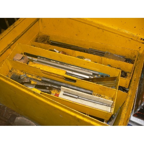 358 - LARGE YELLOW METAL TOOL CHEST WITH CONTENTS IN MULTIPLE COMPARTMENTS & LAYERS.