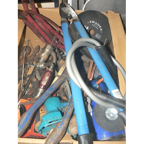 363 - LARGE CRATE FULL OF MIXED TOOLS. INC GARDEN LOPPERS, BRACE & BITS, SPANNERS, FOOT PUMP, SANDING DISC... 