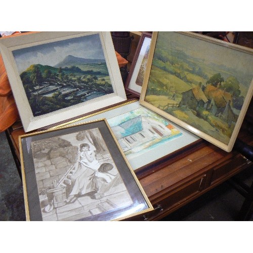 355 - COLLECTION OF MIXED VINTAGE PAINTINGS, PASTELS, PRINTS ETC.