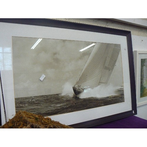 141 - VERY LARGE FRAMED/GLAZED YACHT IMAGE. BLACK & WHITE. 'CRASHING THROUGH THE SWELLS'