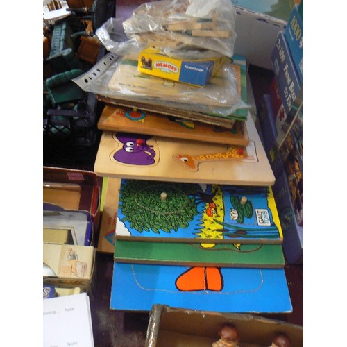 232 - STACK OF WOODEN TODDLER JIGSAW PUZZLES WITH SLOT-IN PIECES. ALSO 2 ANNUALS ETC.