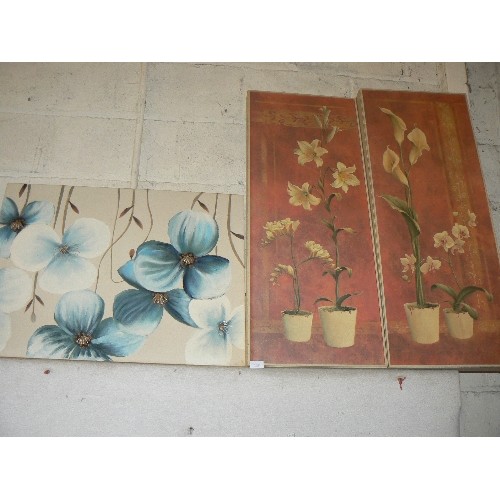 417 - 2 VERY LARGE BOXED FLOWER PRINTS PLUS A MODERN BLUE FLOWER PRINT ON CANVAS